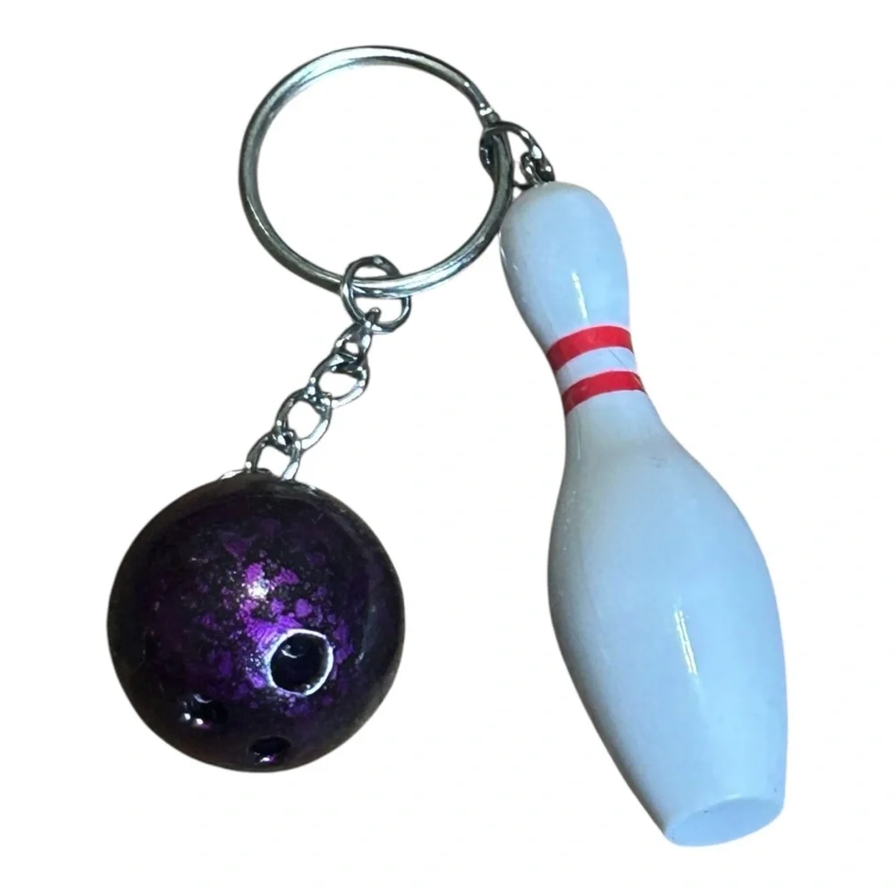 Bowling Ball and Pin Keychain Purple Sparkle Fun Novelty Accessory